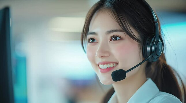 4K video of a female call center agent on a head set talking to a cilent in a modern call center