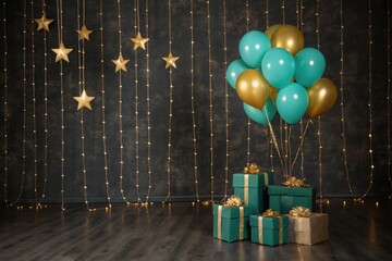 Festive celebration with teal and gold balloons and gifts against a starry light backdrop
