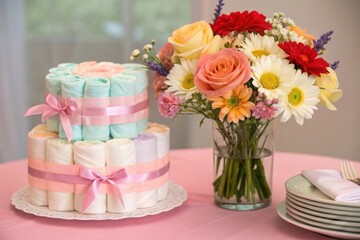 Beautiful diaper cake and flower arrangement for a baby shower celebration
