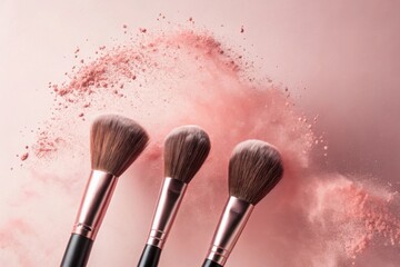 Three makeup brushes creating a cloud of pink powder on a soft pink background