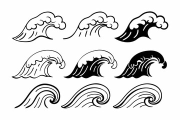 Set of five abstract flowing waves in black and cyan magenta yellow