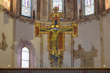 Painted crucifix by the Master of Saint Clare in the apse of Basilica of Saint Clare, Assisi,...