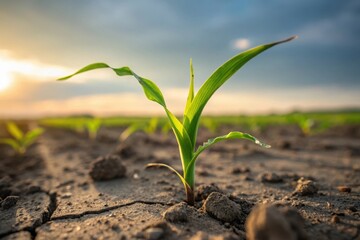 Young corn sprout emerges from cracked earth at sunrise symbolizing new growth and agriculture