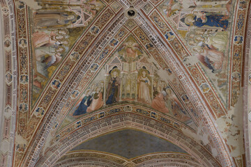Frescoed vault of Basilica of Saint Clare in Assisi, Italy, with biblical scenes by the...