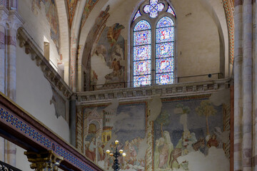 Fragmentary frescoes in the transept of Basilica of Saint Clare, Assisi, Italy, showing narrative...
