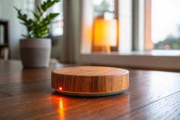 Modern wooden smart device with glowing indicator light on a polished wooden table
