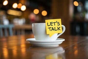 A white coffee cup with a yellow sticky note saying lets talk sits on a wooden table