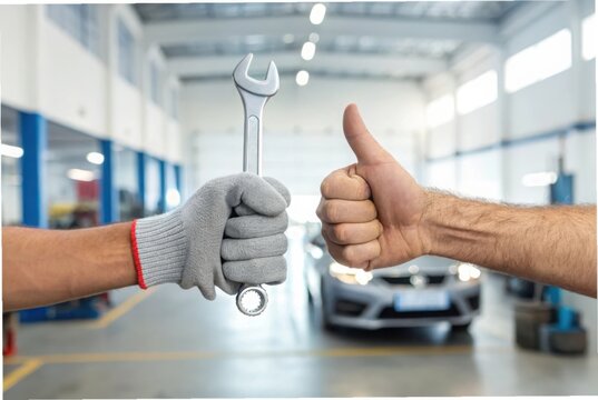 Mechanic gives thumbs up holding a wrench in a car repair shop