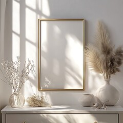 Golden frame mockup with pampas grass decoration and a sunny shadow in a minimalist white interior space.