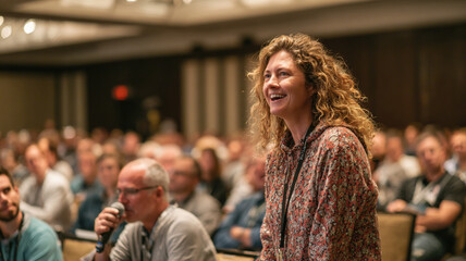Professional woman speaker presenting with microphone to audience in conference room business event
