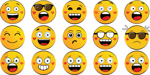 Cartoon Emoji Pack with Diverse Emotions and Iconic Expressions Arranged in a Clean Grid on White Background
