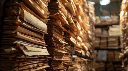 Close-up view of aged paper documents stacked in a storage room.