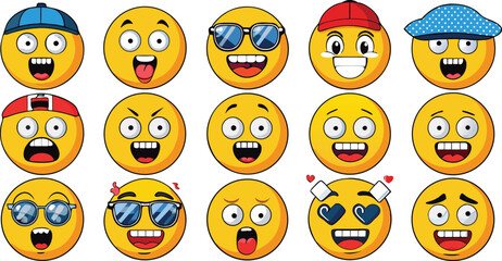 Obraz premium Flat Style Emoji Faces in Multiple Colors and Expressions with Accessories Like Masks and Sunglasses Fun Vector Grid