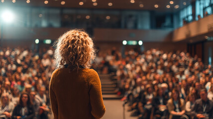 Female speaker in orange sweater addressing massive audience in large conference hall venue