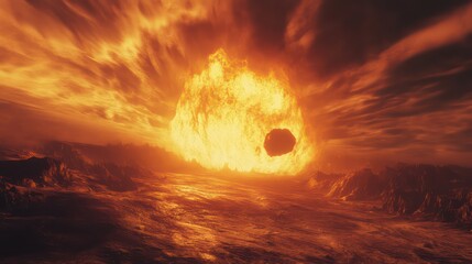 Fiery Celestial Explosion Over Barren Landscape with Dramatic Orange Hues