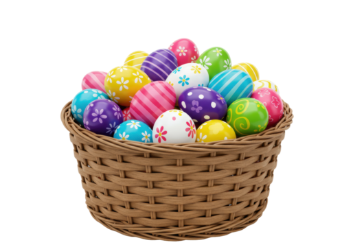 A natural brown wicker basket brimming with dozens of brightly colored, hand-painted easter eggs (pink, purple, blue, green, yellow, orange) with stripes, polka dots, and floral designs, against a