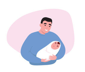 Father holds his baby in his arms. Parent takes care of the child. Vector flat graphics.