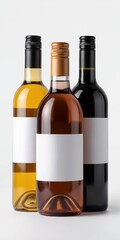 Assorted wine bottles with blank labels on white background