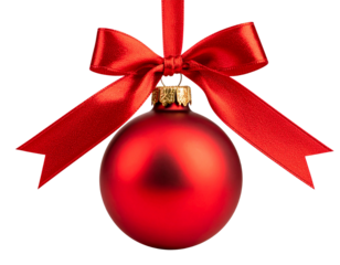 Red bauble, christmas ball with a ribbon decoration, isolated on transparent backgrou