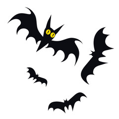 Halloween bat silhouette. Black flying bats element vector set.