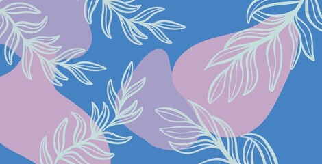 Blue background and white leaves with purple shade - gentle minimalism.