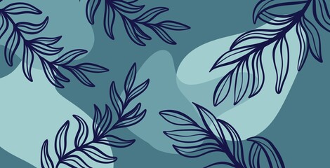 Deep blue-green pattern with large foliage in the bottom corner. Coniferous green leaves on a blue background, a refreshing natural design.