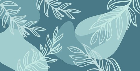 Light blue background with white leaves - minimalism and air. Sea background with white leaves and abstract background.