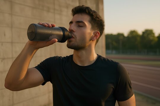 A young man drinking water after a workout - Powered by Adobe