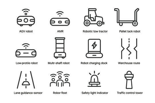 Autonomous robots and sensors icons for modern warehousing solutions