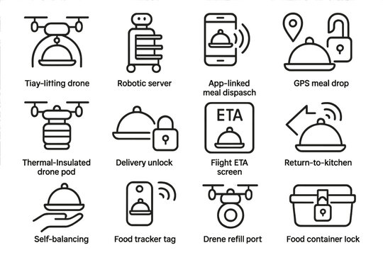 Innovative food delivery: drone, robotics, and app integration icons