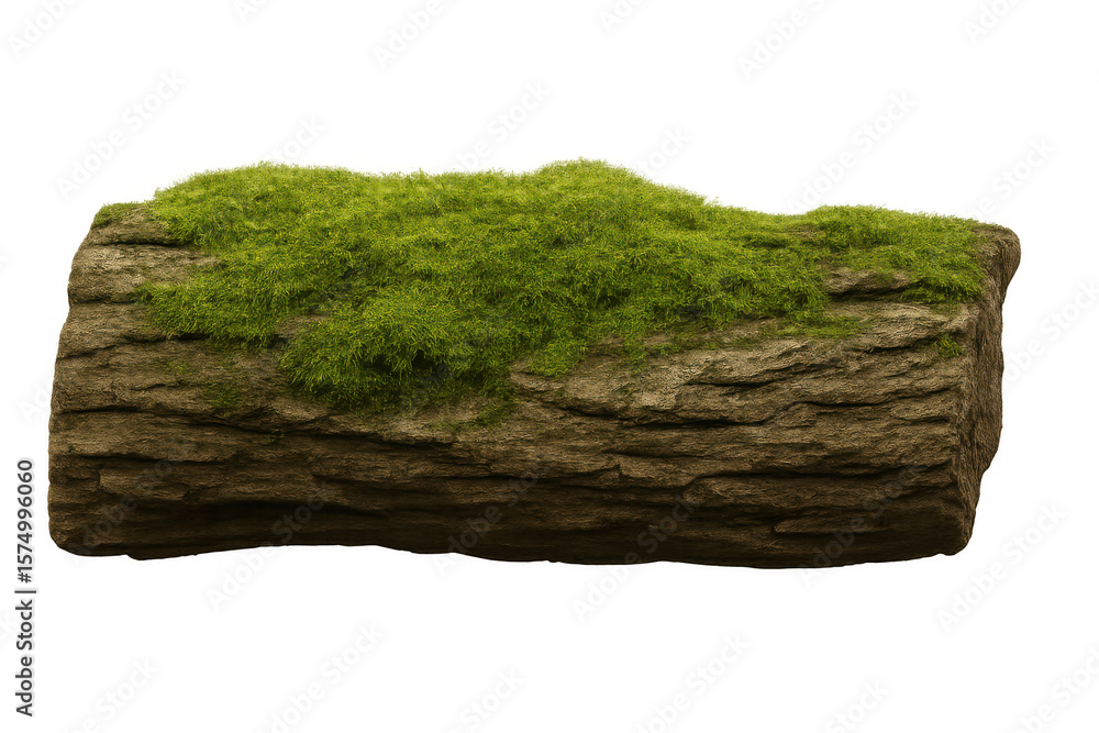 Poster realistic mossy log isolated on transparent background, ideal for compositing and adding a touch of 
