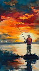 Serene fishing moment captured at sunset, with a lone angler standing on a rock amidst dramatic orange and blue watercolor sky reflecting on calm waters