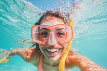 Naklejka premium Smiling woman snorkeling in crystal clear water