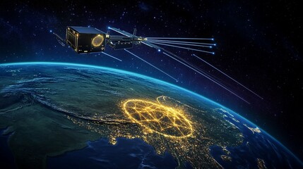 A satellite orbits Earth, capturing a stunning view of interconnected networks below, highlighting technological advancements and the beauty of our planet's nightscape.