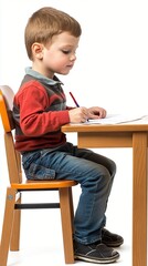 A young boy sits at a wooden table, attentively writing with a red pencil, showcasing focus and concentration in a bright, minimalistic environment.