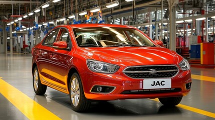 Sleek red sedan showcasing modern automotive design, positioned on yellow-marked floor inside a high-tech industrial manufacturing facility with overhead lighting and machinery