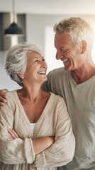 Happy Elderly Couple Smiling Together in Sunlit Kitchen