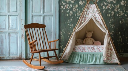Cozy children's bedroom featuring a charming rocking chair and a playful teepee tent adorned with floral patterns, perfect for imagination and comfort.