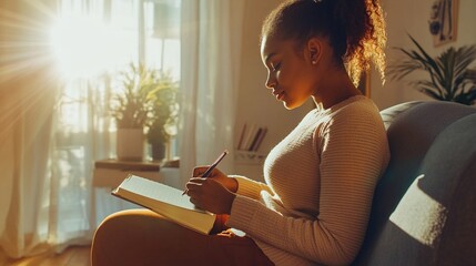 A young woman writes in a notebook while sitting on a couch, illuminated by warm sunlight filtering through the window, creating a peaceful and reflective atmosphere.