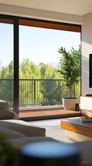 Modern interior with large windows showcasing lush greenery, creating a serene atmosphere that blends nature with contemporary design. Perfect for home decor inspiration.