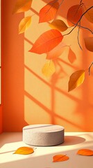 A cozy autumn scene featuring vibrant orange leaves gracefully cascading against a warm wall, enhanced by soft shadows. Perfect for seasonal decor projects.