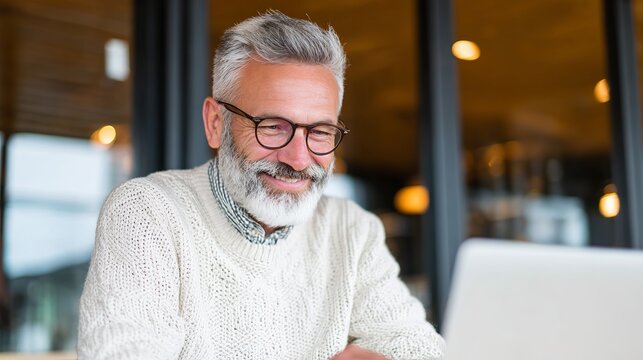 Silver-haired gentleman joyfully interacts with his laptop computer, basking in the warm ambiance of a cafe setting.