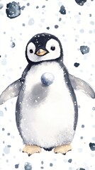 Cute baby penguin surrounded by falling snowflakes in a whimsical, artistic illustration, perfect for winter-themed projects or children’s educational materials.