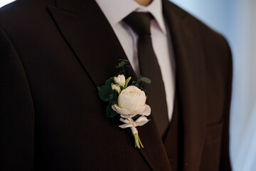 Elegant Groom Boutonniere Detail: Black Suit Lapel with Cream Rose, Eucalyptus, Ribbon, Wedding...