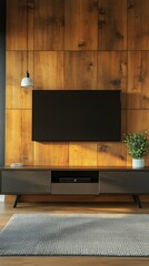 Modern living room interior featuring a stylish wooden wall, a sleek entertainment unit, a decorative plant, and a cozy area rug, inviting a warm and inviting atmosphere for relaxation.