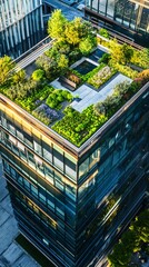 Innovative urban green architecture showcasing a lush rooftop garden integrated into a modern glass skyscraper, blending sustainable design with contemporary city landscape
