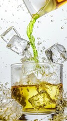 Refreshing whiskey or cocktail being poured over crystal clear ice cubes, creating a dynamic splash and vibrant liquid stream in high-speed motion photography