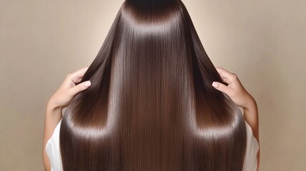 Shiny and healthy long hair displayed from the back, showcasing its smooth texture and rich color against a soft, neutral background, perfect for haircare promotions and beauty inspiration.