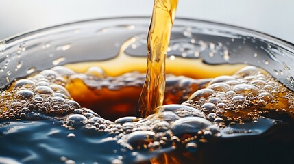 Dynamic liquid stream creating mesmerizing bubbles and swirling patterns in close-up, capturing the fluid motion and intricate texture of pouring beverage