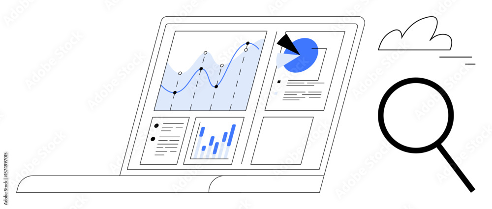 Poster laptop screen displaying analytics with line charts, bars, and pie charts alongside a magnifying gla